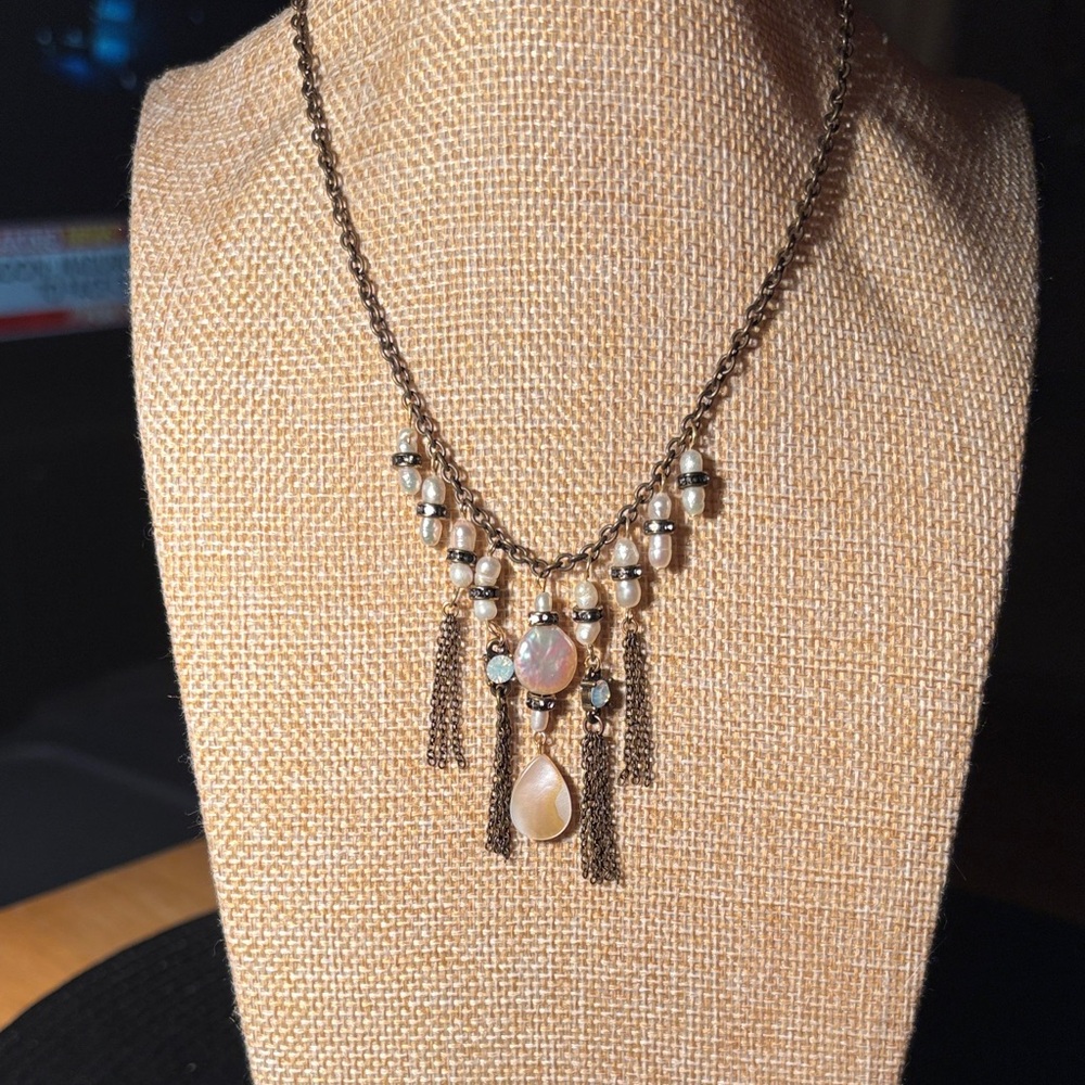 0149) Ettika Brass and Pearl Drop Necklace